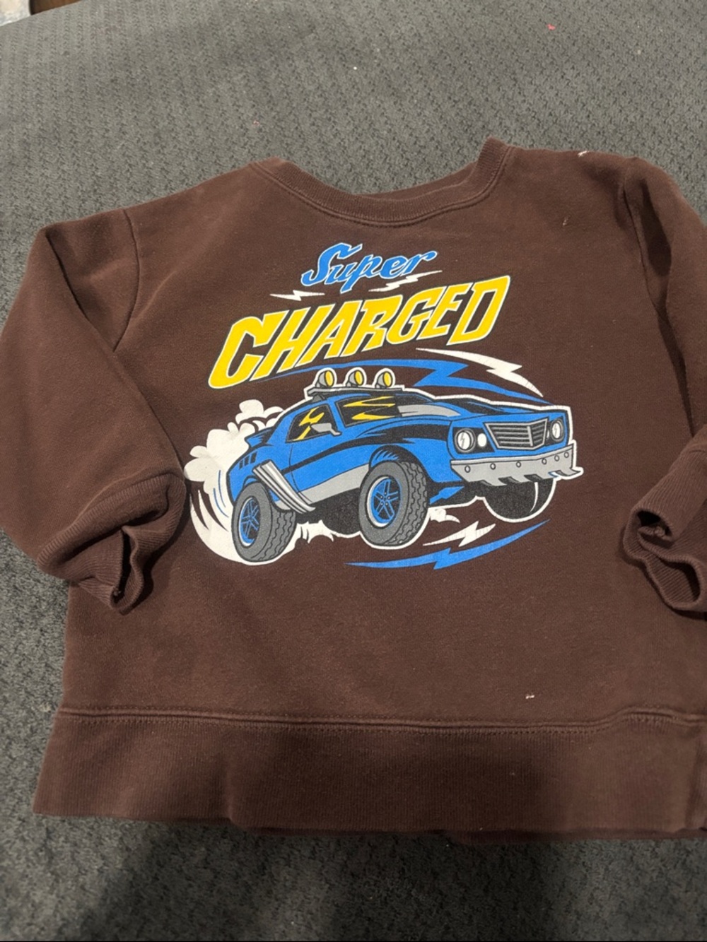 🟢10/$10 - Brown 'Super Charged' Graphic Sweater with Blue Car